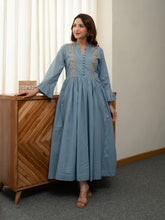 Dobby Blue Dress with Embroidery